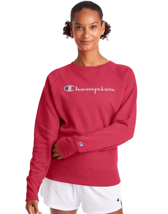 Champion Sweatshirt Dames - Rood - Powerblend Fleece Classic Crew Script Logo ( 781364-ZLG )